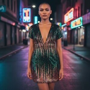 VENUS Sequin Mini Dress Deep V Green Multicolor Party Cocktail NWT Size 12